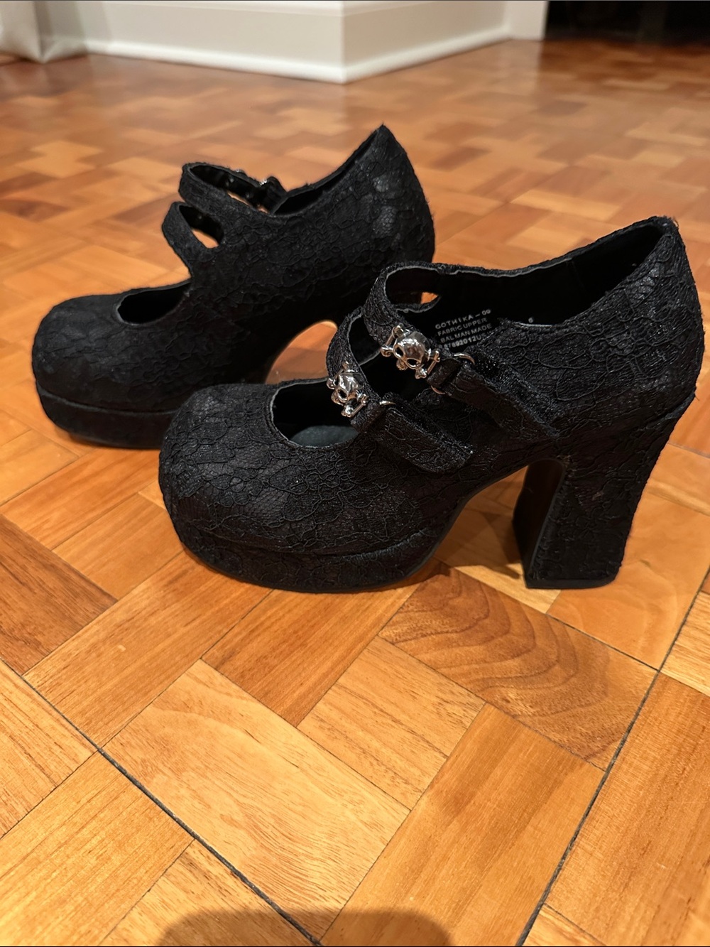 Demonia Black Lace Platform Mary Jane Heels with Silver skull Buckles